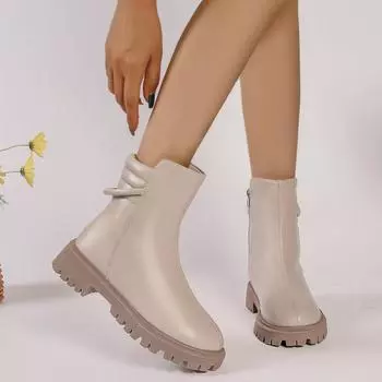 Модные женские ботинки 2024 года, новые зимние модные повседневные туфли для женщин, высокие каблуки, квадратные каблуки, круглый носок, однотонные, Zapatos De Mujer 35 бежевый