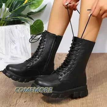 Модные женские ботинки 2024 года, осень-зима, черные, из искусственной кожи, белые, ботильоны, мотоциклетные, женские, на толстом каблуке, на платформе, Botas Mujer 35 чёрный