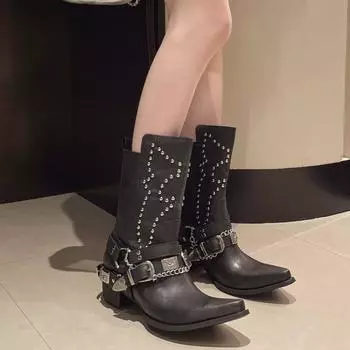 Модные женские ботинки 2024 года, зимние кожаные ботинки с заклепками и пряжкой на ремне, модная обувь для косплея, размер 42, водонепроницаемые уличные ботинки 35 чёрный