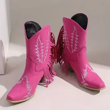 Модные женские ботинки Богемные Современные ботинки 6 см Квадратный каблук Женская обувь Новый Ретро стиль Вышивка Кисточки Острый носок Женская обувь 35 ярко-розовый