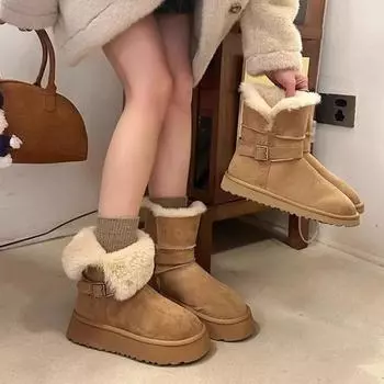 Модные женские ботинки Boston, зимние ботинки, зима 2024, новые ботинки на платформе, кашемировые теплые толстые подошвы, хлопковая обувь для женщин, Zapatos De Mujer 35