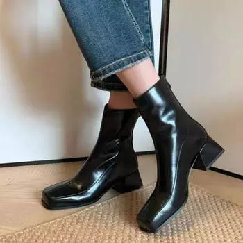 Модные женские ботинки челси на среднем каблуке с квадратным носком, зимняя обувь 2025 года, повседневная кожаная обувь для ходьбы, трендовые зимние ботинки Mujer 35 бежевый