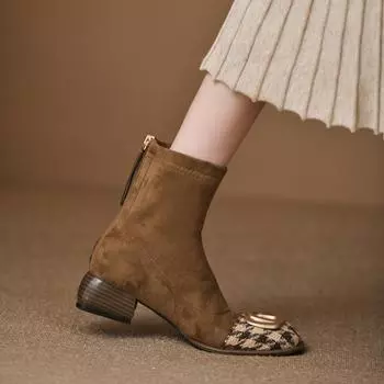 Модные женские ботинки челси на среднем каблуке из толстой замши. Ботильоны. Зимняя мода 2024 года. Новые ботинки на молнии. Высокие каблуки. 35 чёрный