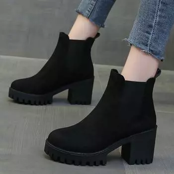 модные женские ботинки челси на толстом каблуке большого размера с круглым носком, ботильоны без застежек, женские, осень-зима, удобные, короткие, на платформе, Botas Mujer 35 чёрный