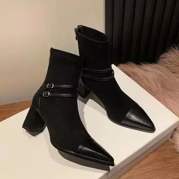 модные женские ботинки челси на высоком каблуке, ботильоны, сексуальные туфли с острым носком, зимний тренд 2025 года, элегантные офисные туфли для ходьбы, массивные ботинки Mujer 35 чёрный