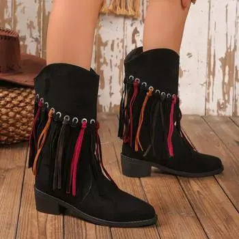 модные женские ботинки челси с бахромой на высоком каблуке, роскошный зимний тренд 2025 года, новые модные сапоги-гладиаторы в готическом стиле, зимние ботинки Botas Mujer 35 чёрный