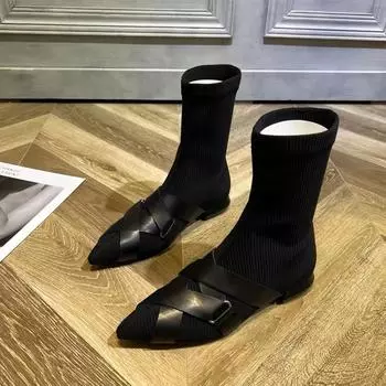 Модные женские ботинки челси с острым носком до середины голени на плоской подошве 2024 года, дизайнерские новые кроссовки для ходьбы, сексуальное модное платье Mujer Zapatos 34 чёрный