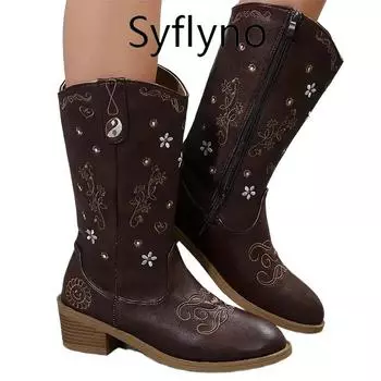 Модные женские ботинки челси с вышивкой и цветочным принтом длиной до середины голени 2024 года, новые модные туфли с острым носком для женщин, дизайнерские трендовые готические ботинки Botas Mujer 35