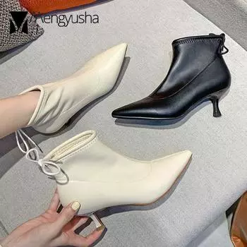 Модные женские ботинки «Челси» со шнуровкой сзади, короткие ботинки для верховой езды из микрофибры, кожаные туфли с острым носком, тонкие высокие каблуки, модные ботинки женские 4.5 абрикосовый