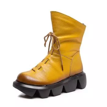 Модные женские ботинки до середины икры, обувь на танкетке, женские ботинки на платформе, зимняя женская обувь из натуральной кожи, 2021 Botas 35