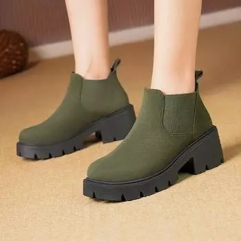 Модные женские ботинки из эластичной ткани, трикотажные ботильоны 2024 года, осень и зима, новые роскошные женские ботинки с круглым носком, повседневные ботинки без застежек 35