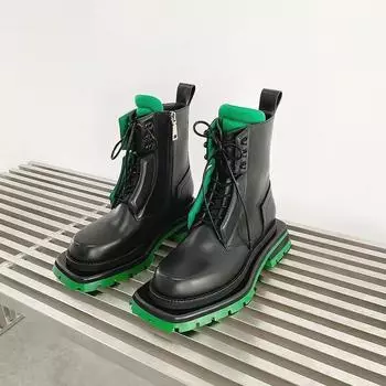 Модные женские ботинки из кожи с круглым носком, ботинки унисекс, ботильоны, мотоциклетные ботинки на толстом каблуке и платформе для женщин 35 зелёный