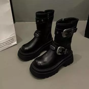 Модные женские ботинки Martens 2024 осень/зима новые ретро-сапоги на платформе с металлической пряжкой ботильоны Roman Knight 35 темно-коричневого