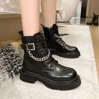 Модные женские ботинки Martern 2024 года на платформе, женские ботильоны из искусственной кожи, сексуальные ботильоны с металлической цепочкой и квадратным каблуком, женские ботинки на танкетке 35 коричневый