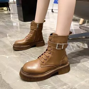 Модные женские ботинки Martern 2024 года на платформе, женские ботильоны из искусственной кожи, сексуальные ботильоны с металлической цепочкой и квадратным каблуком, женские ботинки на танкетке 35 коричневый