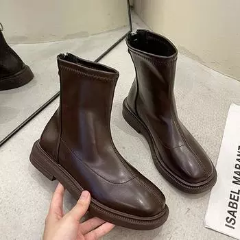 Модные женские ботинки на молнии в корейском стиле с толстой подошвой, белые ботинки, женские ботильоны, модные туфли на низком каблуке, женские короткие ботинки 35 коричневый