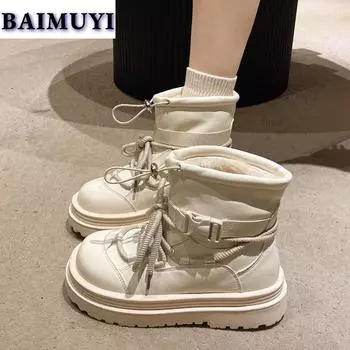 Модные женские ботинки на платформе, ботильоны, зимние ботинки на плоской подошве, кожаные туфли, зимние люксовые брендовые туфли 2025 года, новые короткие плюшевые теплые туфли, повседневные ботинки «Челси» 35 бежевый