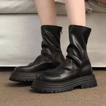 Модные женские ботинки на платформе и щиколотке, удобные кожаные туфли на высоком каблуке 2025 года, модная повседневная обувь на толстой подошве, зимняя классика, нескользящие ботинки Mujer 35 чёрный