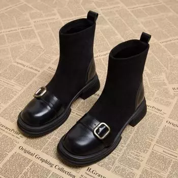 модные женские ботинки на среднем каблуке, замшевые толстые ботинки для снега, 2025 год, повседневная офисная обувь, зимние нескользящие ботинки «Челси» для ходьбы, женские ботинки 35 чёрный