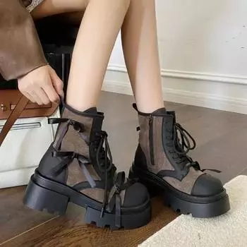 Модные женские ботинки на толстой подошве Ковбойские ботинки Британский стиль Ретро дышащая платформа Шнуровка Бантик Молния Мотоциклетные ботинки Обувь 35 хаки