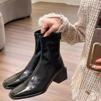 Модные женские ботинки на толстой подошве, новые зимние ботинки с квадратной головкой 2024 года, высококачественные повседневные удобные ботинки с молнией сзади, Botines Mujer 35 белый