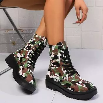 Модные женские ботинки на толстой подошве, теплые ботинки с леопардовым принтом на шнуровке, 2024, новые зимние износостойкие женские ботинки для снегоходов 36 камуфляж зеленый