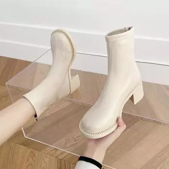 Модные женские ботинки на толстом каблуке с большим носком, ботильоны на платформе из искусственной кожи с эластичной молнией, винтажный стиль, осень-зима 35 бежевый