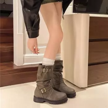 Модные женские ботинки, нескользящие, для улицы, однотонные, новинка 2024 года, женские ботильоны на осень-зиму, кожаные износостойкие ботинки 35 чёрный