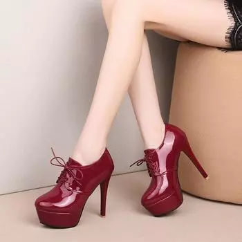 Модные женские ботинки, новые зимние модные ботинки с круглым носком на шнуровке и высоким каблуком, женские ботинки, большие размеры 34-45, высота каблука 10 см, черные 34 красный