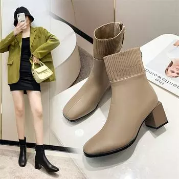 Модные женские ботинки, осенне-зимние новые женские короткие сапоги на высоком каблуке, женские ботинки на толстом каблуке с квадратной головкой и простым сращиванием 35 хаки