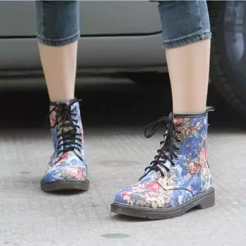 Модные женские ботинки с цветочным принтом, мягкие ботильоны на платформе со шнуровкой, женские туфли C280 4.5