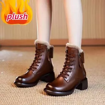 Модные женские ботинки с круглым носком на среднем каблуке на шнуровке, уличные повседневные теплые плюшевые ботинки 35 чёрный