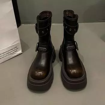 модные женские ботинки с круглым носком, обувь на среднем каблуке для женщин, модные туфли на платформе с металлическим украшением, до середины голени, готические современные ботинки 35 чёрный