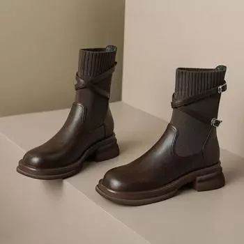 Модные женские ботинки с круглым носком, женская обувь, винтажные ботинки «Челси» для женщин, женские ботинки-носки с пряжкой и ремешком, женские ботинки-носки на платформе 35 коричневый