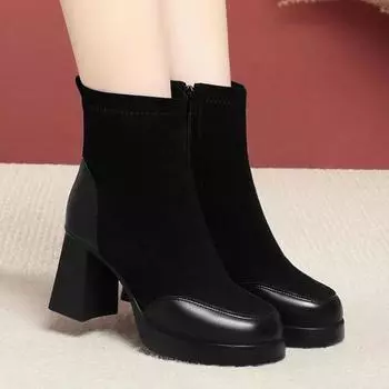 Модные женские ботинки с квадратным носком, прочная обувь для женщин, трендовые короткие ботинки-трубы для активного отдыха, квадратный каблук, застегивающиеся на молнию, высокие каблуки, Zapatos De Mujer 34