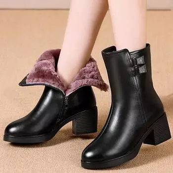 Модные женские ботинки, теплые плюшевые ботильоны, женские тонкие ботинки на толстом каблуке, классические черные женские туфли, женская обувь на молнии, обувь 35