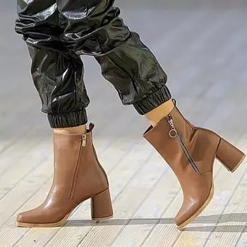 Модные Женские Ботинки Thick Heeled Zippered 018-9696-21 Загорелая Кожа