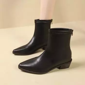 Модные женские ботинки весна-лето 2024 года с V-образным вырезом в стиле вестерн, короткие ботинки с острым носком, толстые белые ботинки для похудения 35 чёрный