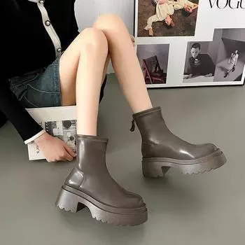 Модные женские ботинки весна-осень с круглым носком, толстой подошвой, толстым каблуком, застежкой-молнией 35