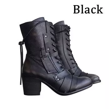 Модные женские ботинки, винтажные кожаные сапоги на каблуке с острыми краями, уличные ковбойские сапоги до середины икры с острым носком, мотоциклетные ботинки больших размеров 43 чёрный