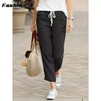 Модные женские брюки, хлопковые льняные брюки, свободные брюки большого размера на шнурке, женские черные нижние брюки 695 S темно-синий