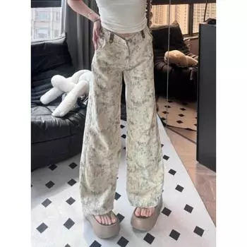 Модные женские брюки-карго с принтом тай-дай, широкие брюки, женские осенние новые, с высокой талией, свободные и тонкие брюки для мытья полов, одежда 1741 S