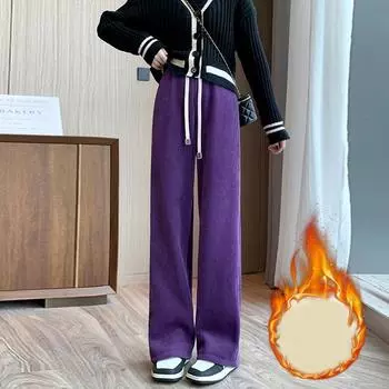 Модные женские брюки прямого покроя для женщин, осень и зима, утолщенные широкие брюки из бархата с высокой талией, новые элегантные свободные повседневные длинные брюки 2376 S чёрный