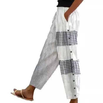 МОДНЫЕ Женские брюки с широкими штанинами, клетчатым полосатым принтом, цветным декором на пуговицах, мягкие повседневные брюки с эластичной резинкой на талии и карманами в стиле пэчворк длиной до щиколотки M белый
