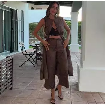 Модные женские брюки с вышивкой, ретро, со средней талией, широкие брюки со шнуровкой, женские, летние, осенние, свободные уличные брюки XS