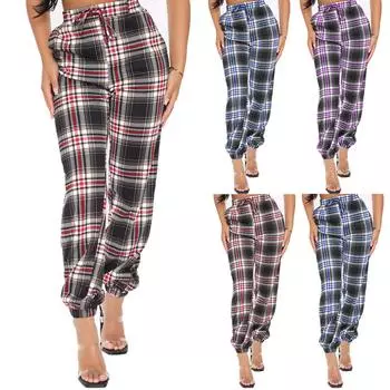 Модные женские брюки с высокой талией и клетчатым принтом, свободные брюки M синий