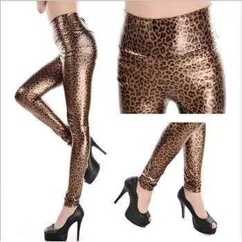 Модные женские брюки с высокой талией, модная блестящая поверхность, высокоэластичные, больших размеров, из искусственной кожи, с высокой талией, утягивающие живот, леопардовые леггинсы, тонкие, летние, сексуальные Coffee Free size (45.00 kg-70.00 kg