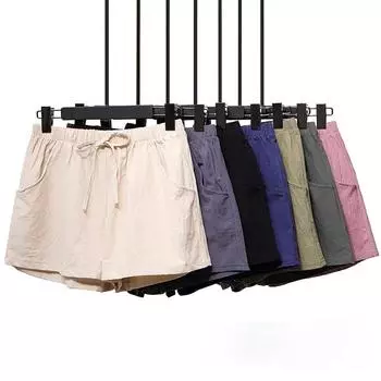 Модные женские брюки с высокой талией, весенне-летние удобные льняные шорты, однотонные брюки на шнурке, большие размеры, тонкие свободные широкие шорты S