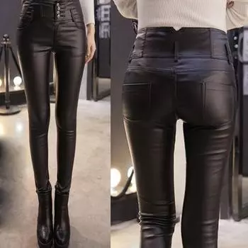 Модные женские брюки с высокой талией, водонепроницаемые эластичные колготки из искусственной кожи, черные блестящие кожаные брюки цвета металлик S чёрный