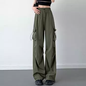Модные женские быстросохнущие брюки-карго для женщин, летняя спецодежда, новые мешковатые брюки с высокой талией и завязками, карманы, повседневные свободные брюки 674 S чёрный